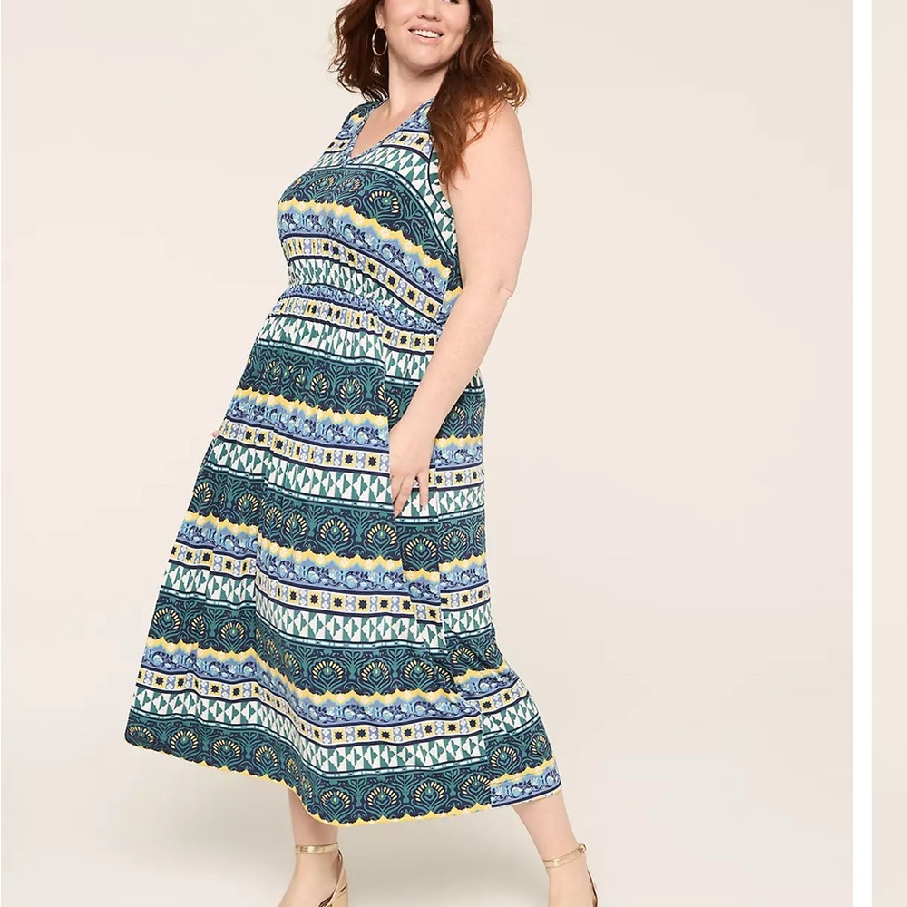 Lane Bryant Blue and Yellow Patterned Midi Dress